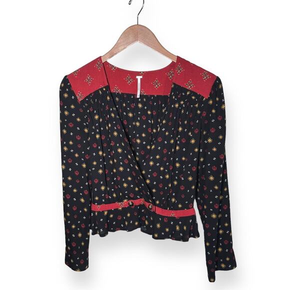 FREE PEOPLE Where We Roam Top Surplice Neck Pleated Boho Fall Black Red Small - Picture 10 of 13